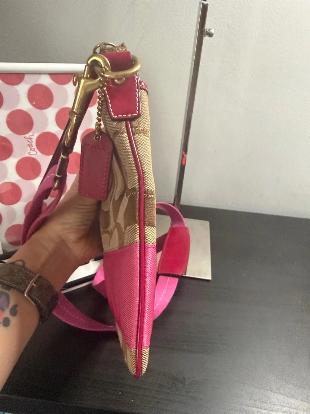 Coach Vintage Signature Stripe Canvas Crossbody with Pink Leather Trim